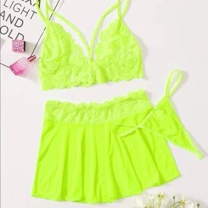 Neon lime lace thong lingerie set with pleated skirt